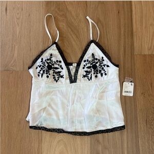 Free People Silk Lace Beaded Cami in White with Black Beading